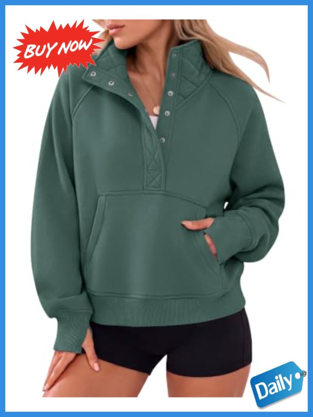 Womens Oversized Henley Neck Sweatshirt Cotton Blend Fleece Pullover